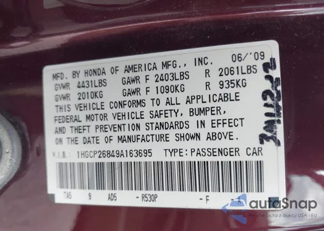 2009 Honda Accord 2.4 Ex-L from USA, damaged, VIN 1HGCP26849A163695